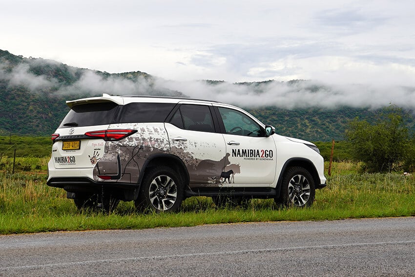 Toyota Fortuner, rental car, misty landscape, Namibia