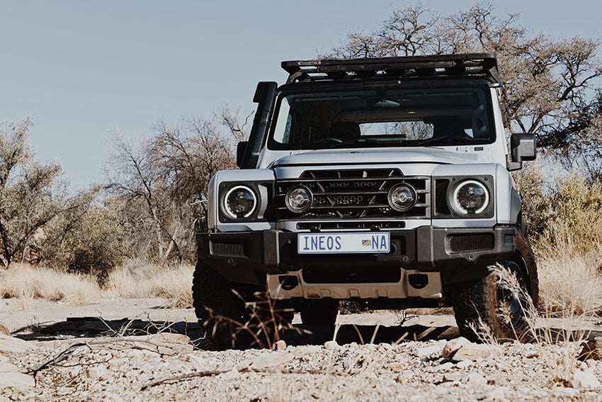 White 4x4 INEOS Grenadier, rental car, Namibia