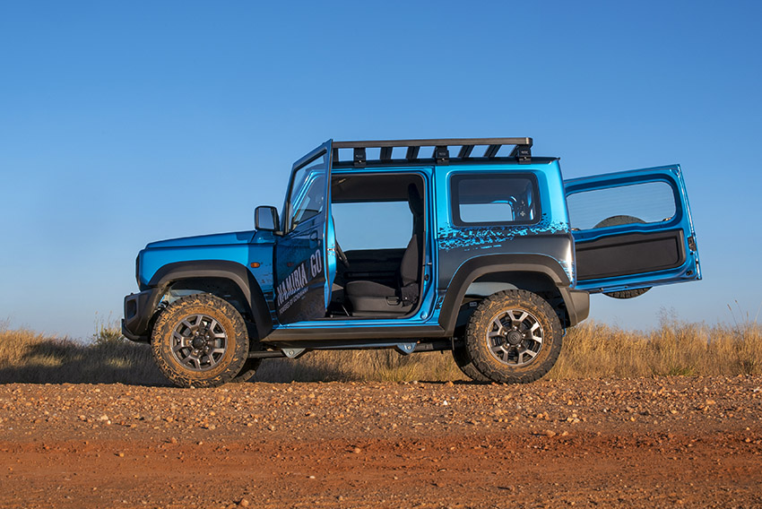 Suzuki Jimny rental car, blue with open doors, Namibia